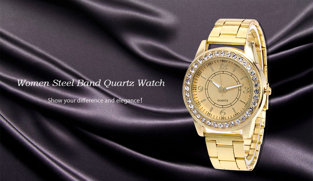 Women Fashionable Steel Band Quartz Watch with Artificial Diamonds